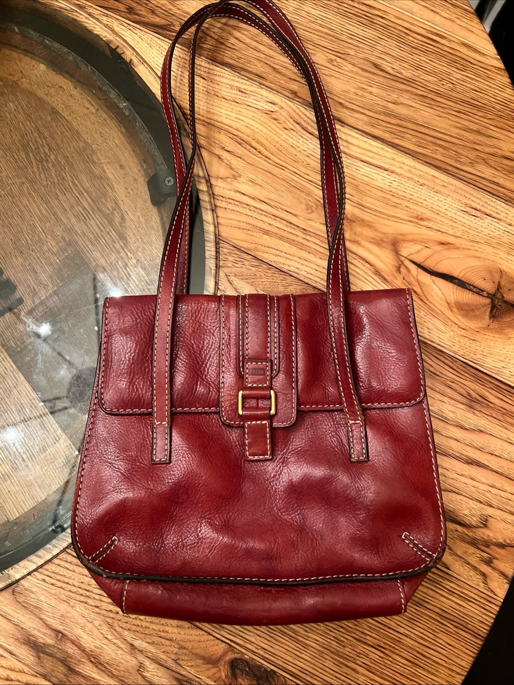 Vintage FOSSIL Sedona Red Saddle Leather Double Handle Handbag Purse - Picture 3 of 14
